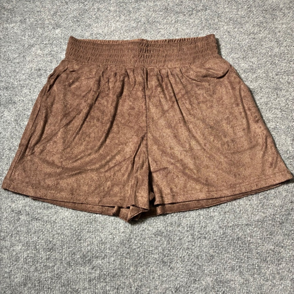 PrettyLittleThing‎ Womens Brown Towelling Beach Shorts Sz.6 Smocked Waist
